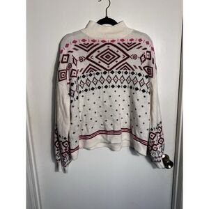 St. John's Bay Women XXL Sweater White Pink Fair Isle Mock Neck Acrylic Pullover